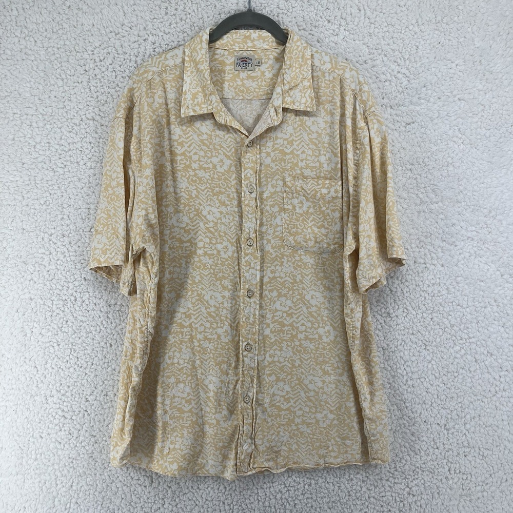 Faherty Breeze Shirt Large Yellow Short Sleeve Button Up Tencel Hemp Hibiscus